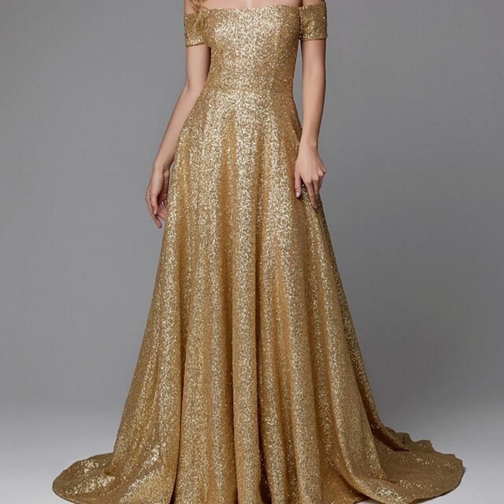 Gold sequin off shoulder gown with train size 20w